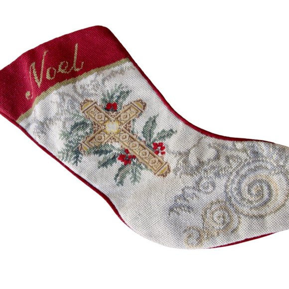 Vintage Needlepoint Stocking Noel Script w Cross Red Velvet Back 19" - Picture 1 of 4